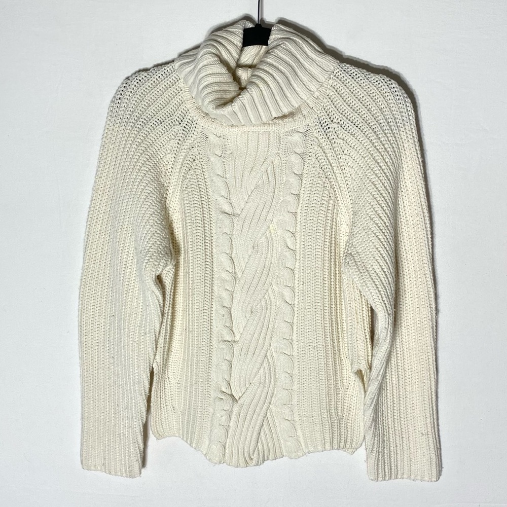 Jonathan Simkhai Cream Cable Knit Turtleneck Sweater W Cutout On Back S Designer